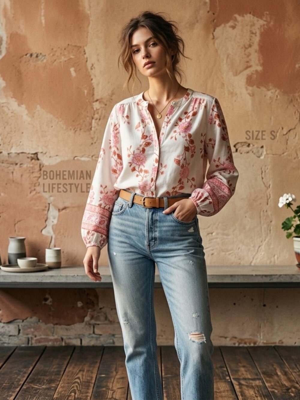 Lucky Brand Coastal Grandma Boho Cottagecore Floral Cotton Neck Henley Blouse SP